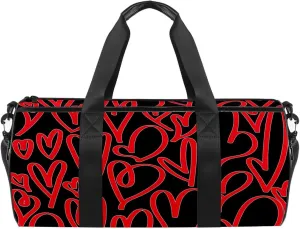 Red Love Hearts Black Background Sports Gym Duffel Bag, Travel Luggage Shoulder Bag, Weekender Bag Handbag for Youth Girls Boys, Wet Pocket