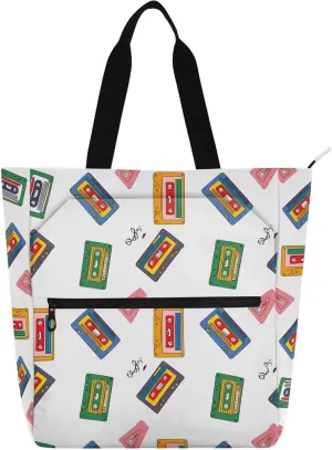 Retro Cassette Tapes Book Tote Bag with Zipper Pocket Large Capacity Casual Shoulder Bag for Women, Top Zipper Closure Holiday Gift