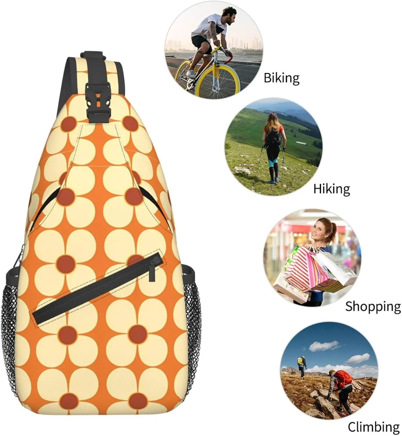 Retro Land Flower Power Orange And Cream Chest Sling Bag Crossbody Shoulder Backpack Bag Gym Cycling Travel Hiking Daypack Cross Bag