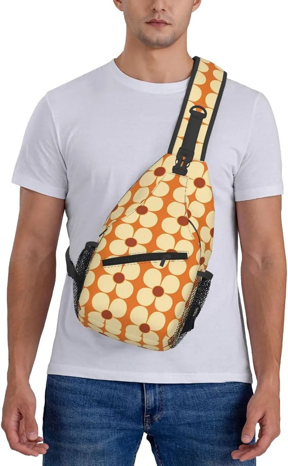 Retro Land Flower Power Orange And Cream Chest Sling Bag Crossbody Shoulder Backpack Bag Gym Cycling Travel Hiking Daypack Cross Bag