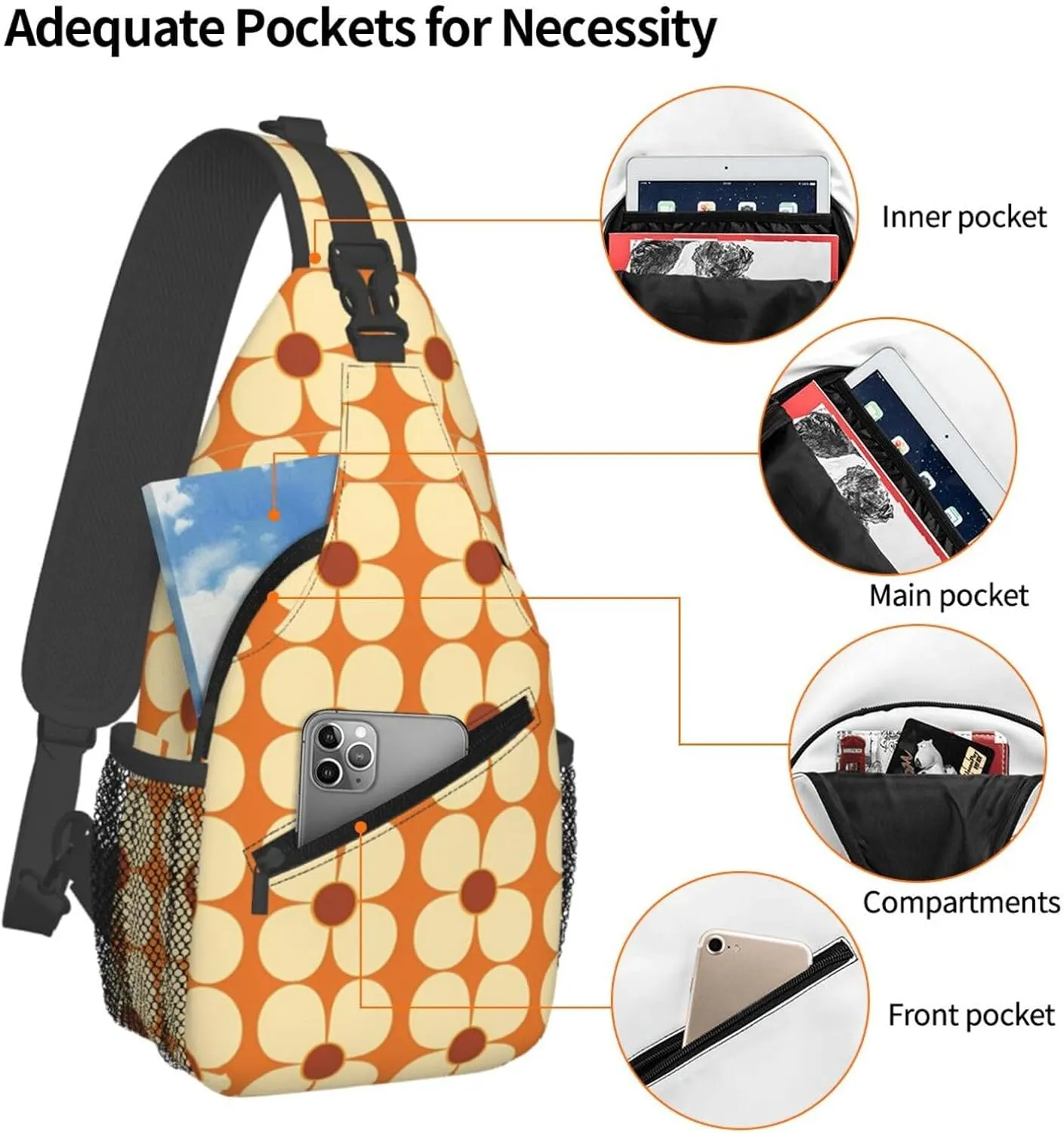 Retro Land Flower Power Orange And Cream Chest Sling Bag Crossbody Shoulder Backpack Bag Gym Cycling Travel Hiking Daypack Cross Bag