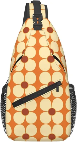 Retro Land Flower Power Orange And Cream Chest Sling Bag Crossbody Shoulder Backpack Bag Gym Cycling Travel Hiking Daypack Cross Bag
