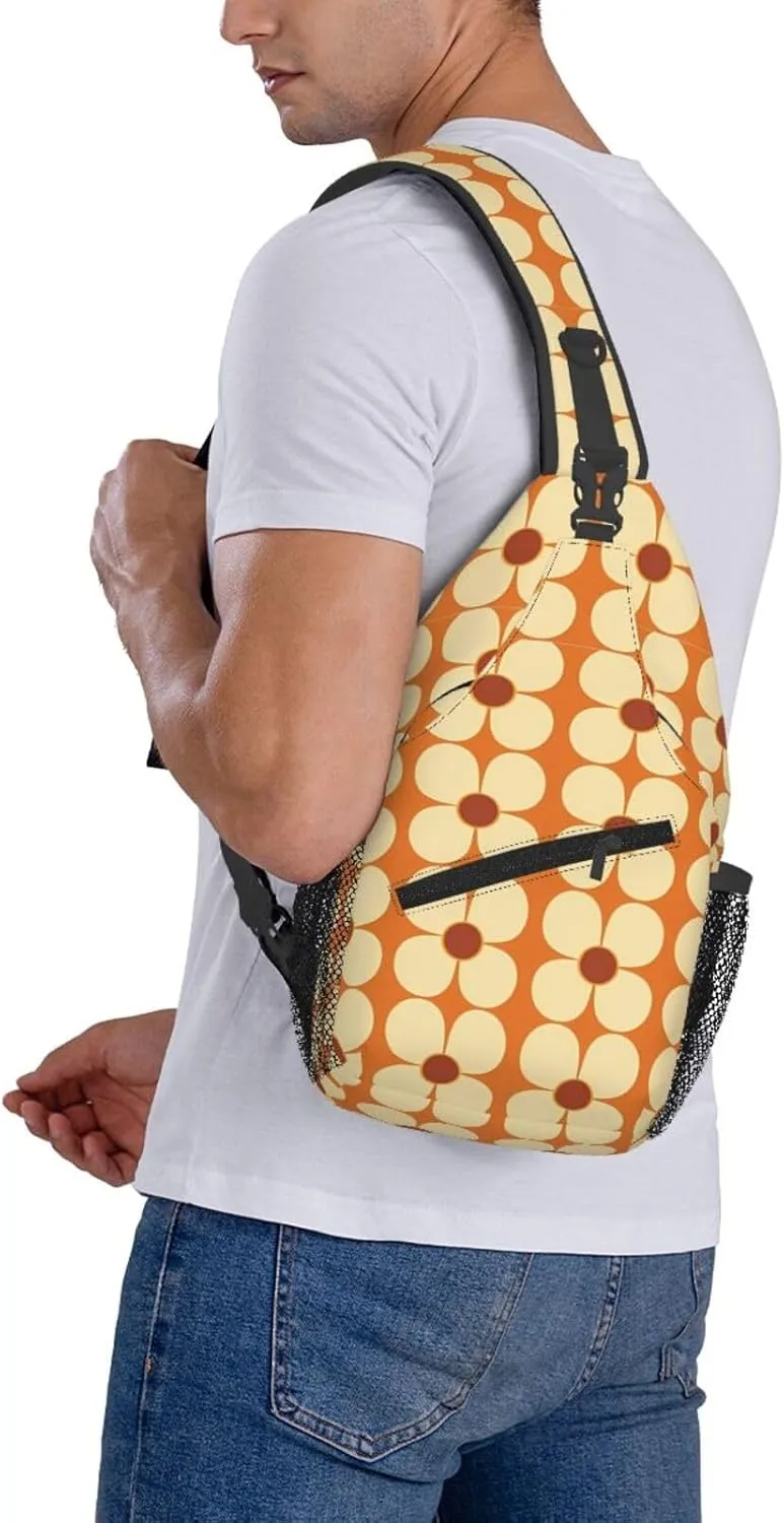 Retro Land Flower Power Orange And Cream Chest Sling Bag Crossbody Shoulder Backpack Bag Gym Cycling Travel Hiking Daypack Cross Bag