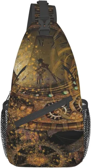 Retro Steampunk Crossbody Bag Clocks Shoulder Bag Backpack Steampunk Sling Bag Chest Casual Daypack