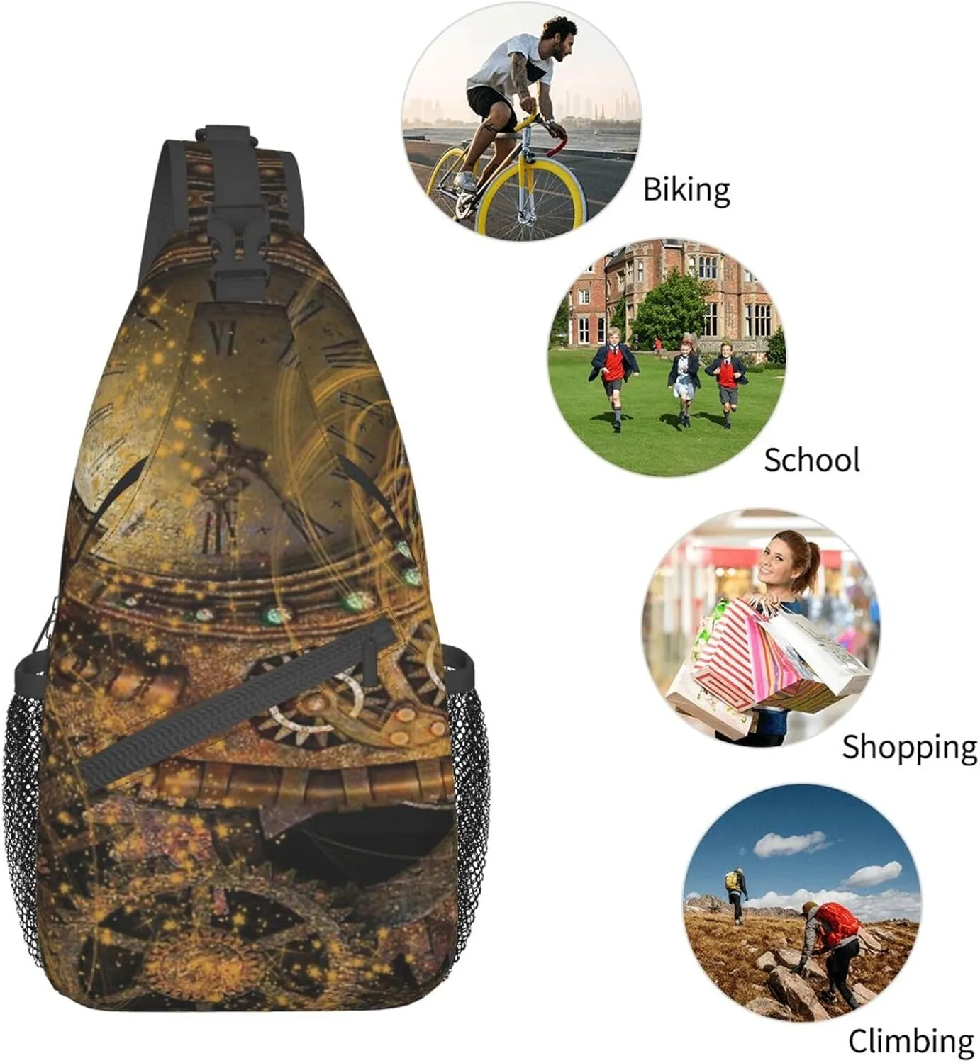 Retro Steampunk Crossbody Bag Clocks Shoulder Bag Backpack Steampunk Sling Bag Chest Casual Daypack