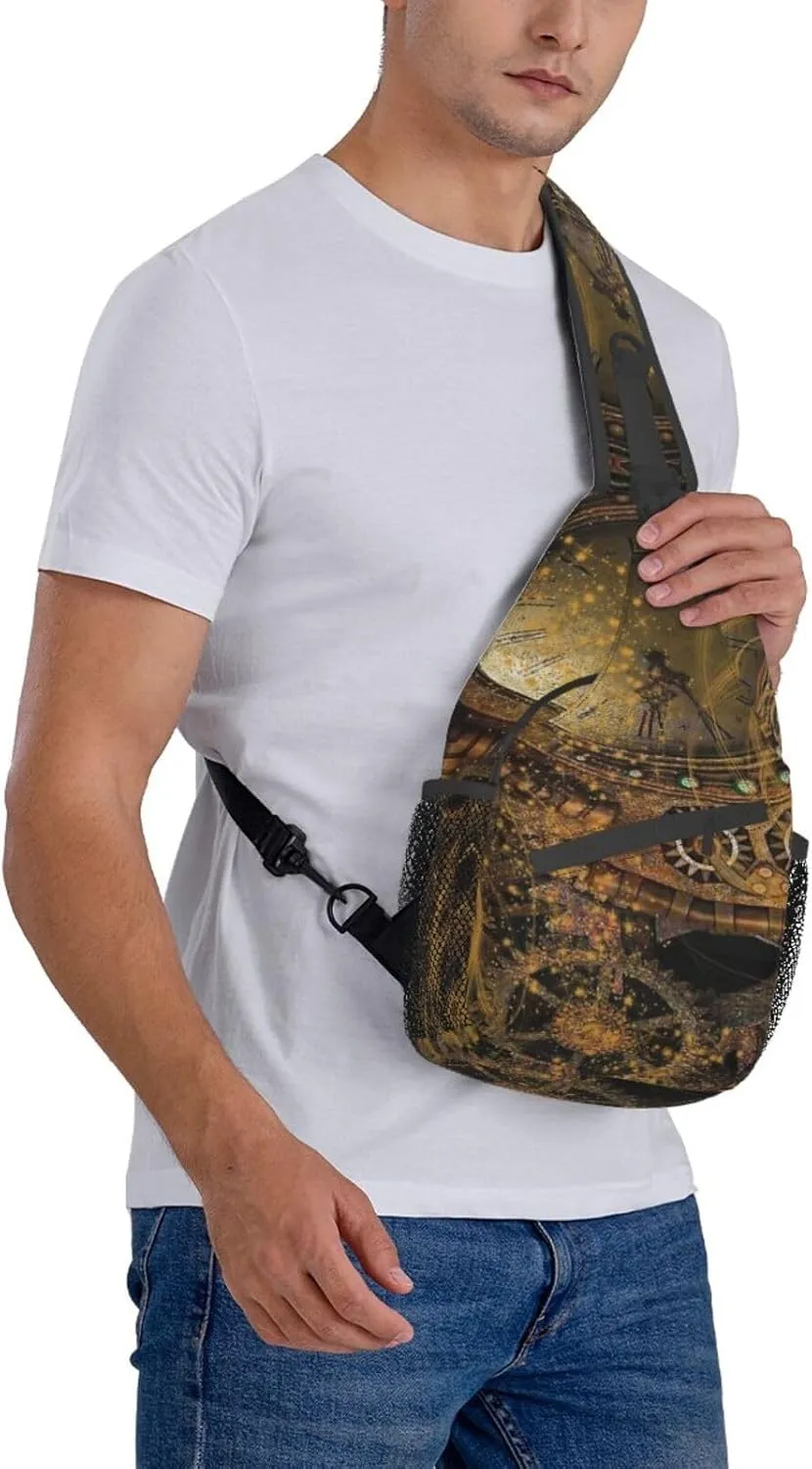 Retro Steampunk Crossbody Bag Clocks Shoulder Bag Backpack Steampunk Sling Bag Chest Casual Daypack