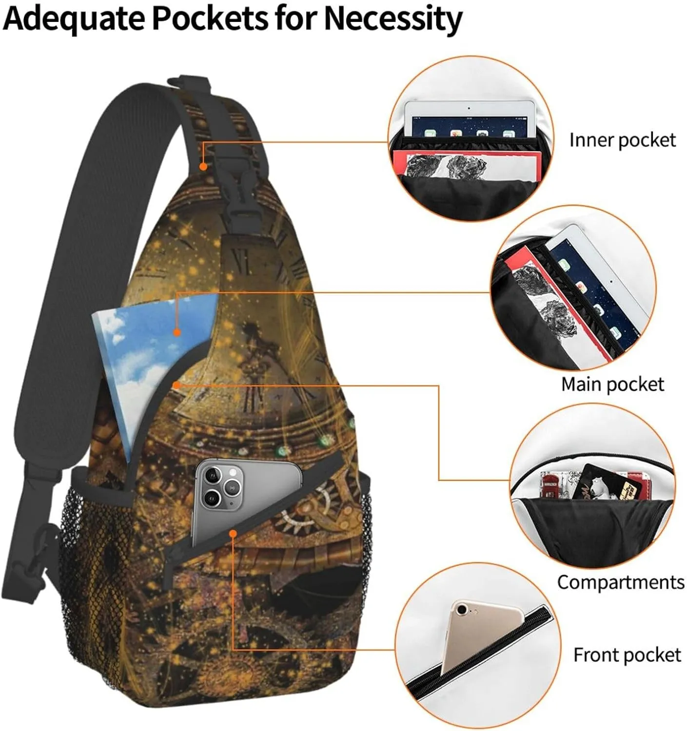 Retro Steampunk Crossbody Bag Clocks Shoulder Bag Backpack Steampunk Sling Bag Chest Casual Daypack