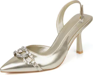 Rhinestones Slingback Heels Women Closed Pointed Toe Crystal Bridal Wedding Stiletto Pumps Shoes Slip On Sandals Buckle Strap Kitten Heels Size 6-10