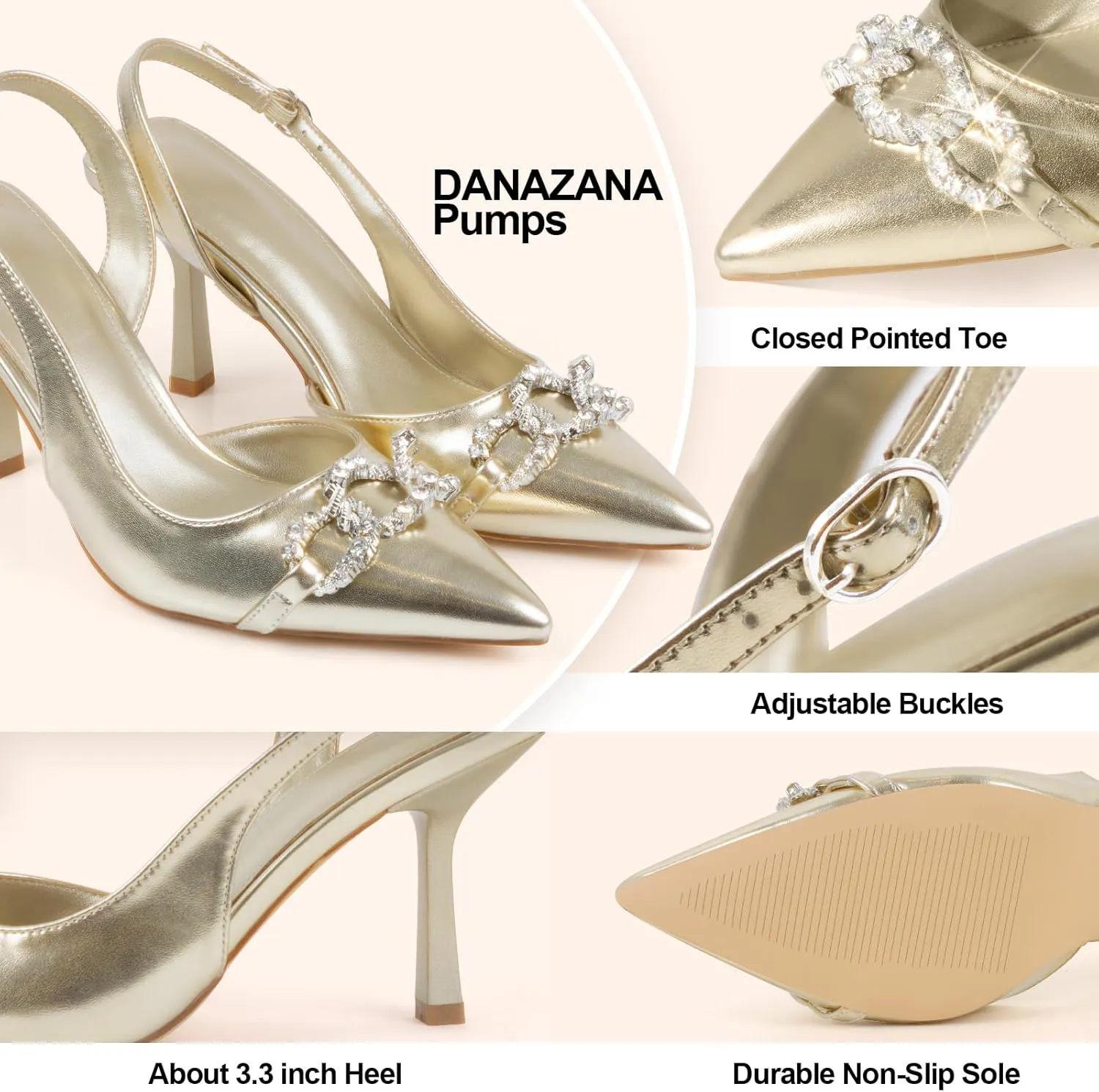 Rhinestones Slingback Heels Women Closed Pointed Toe Crystal Bridal Wedding Stiletto Pumps Shoes Slip On Sandals Buckle Strap Kitten Heels Size 6-10
