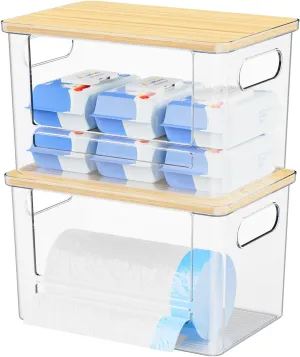 Riian 2 Set Trash Bag Dispenser for Kitchen Laundry Room Organization, Extra Large Stackable Acrylic Pantry Organizer with Bamboo Lid, Trash Bag Holder Under Sink