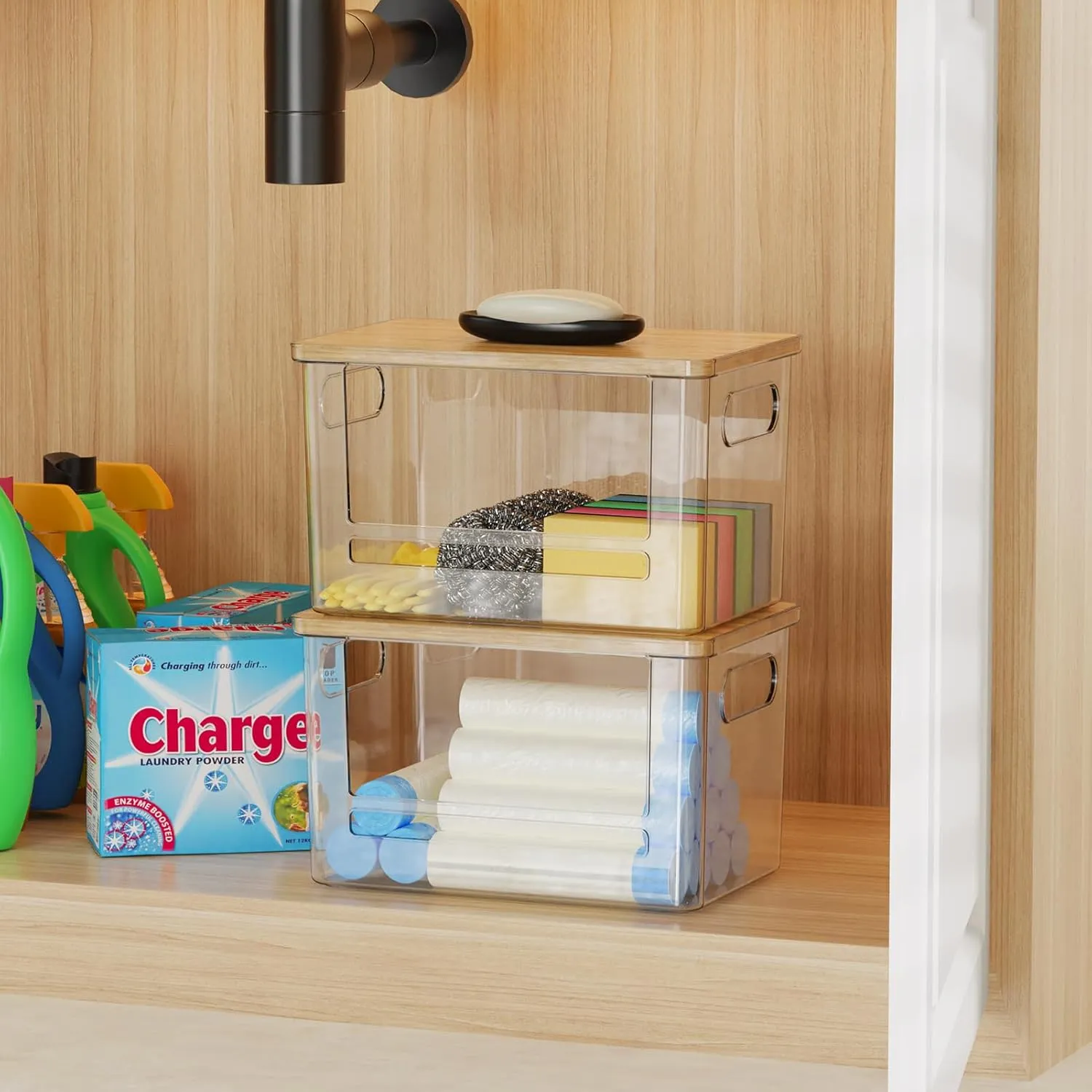 Riian 2 Set Trash Bag Dispenser for Kitchen Laundry Room Organization, Extra Large Stackable Acrylic Pantry Organizer with Bamboo Lid, Trash Bag Holder Under Sink