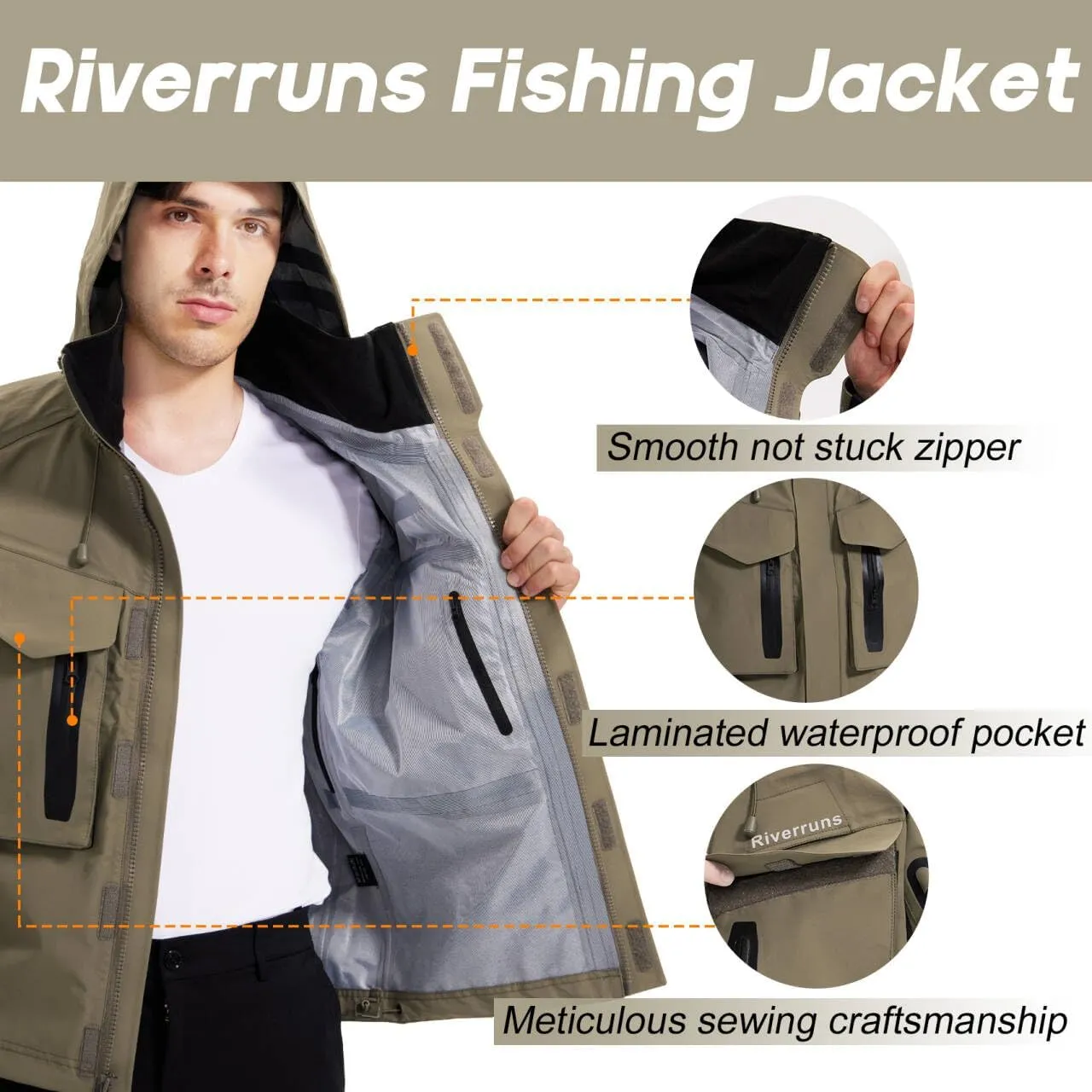 Riverruns Fishing Wading Jacket, Breathable Outdoor Fly Fishing Rain Coat
