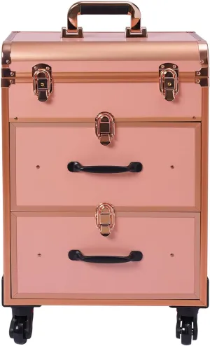 Rolling Makeup Case, Cosmetic Case Trolley, Make Up Suitcase Cosmetic Trolley, Makeup Suitcase with 2 drawer (Gold)