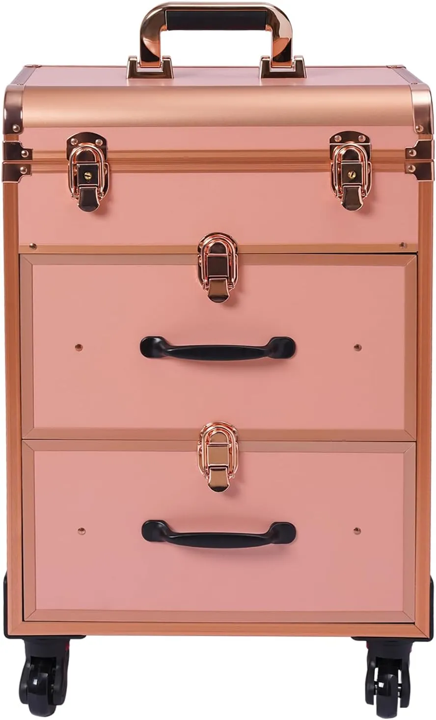 Rolling Makeup Case, Cosmetic Case Trolley, Make Up Suitcase Cosmetic Trolley, Makeup Suitcase with 2 drawer (Gold)