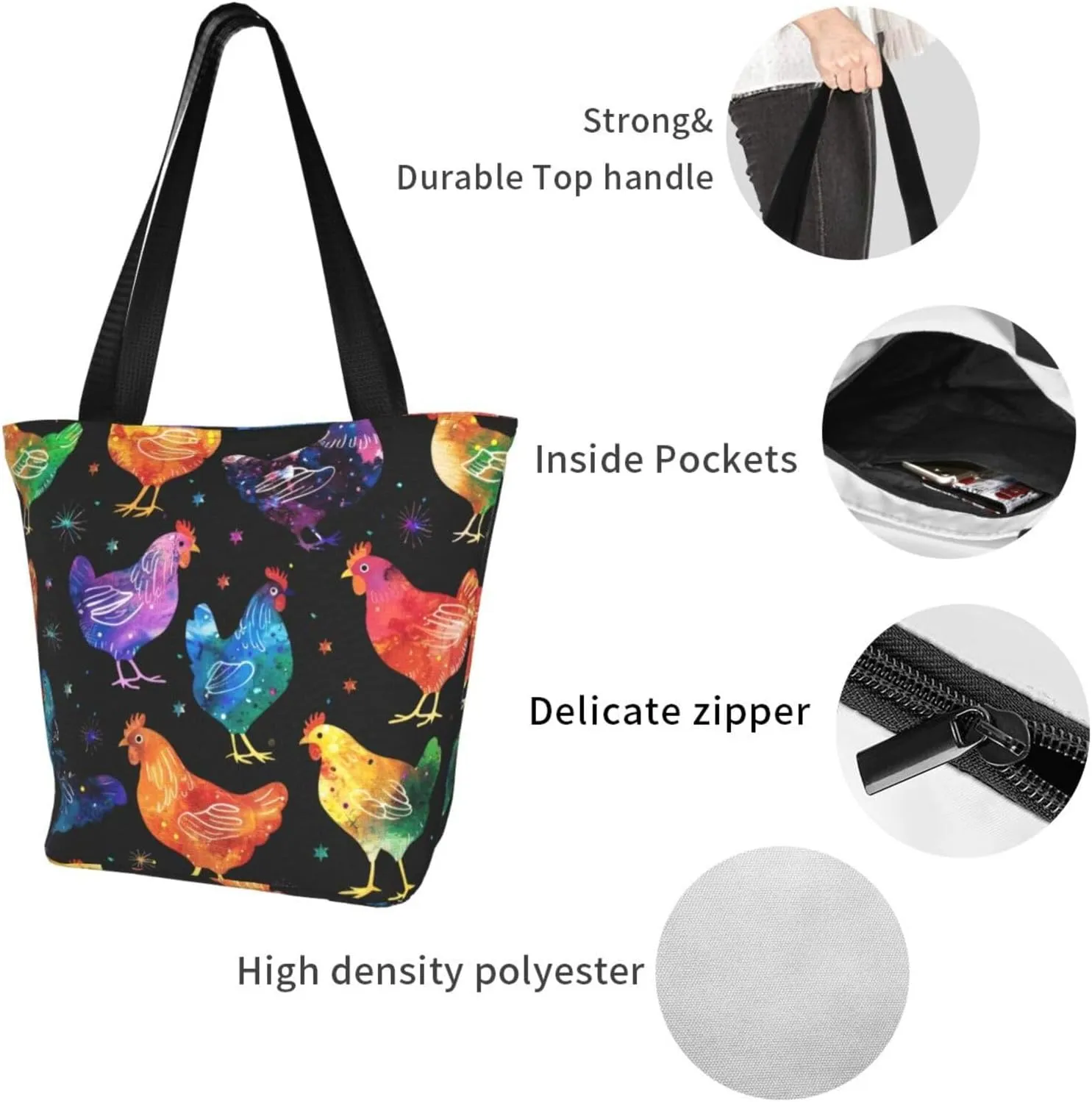 Rooster Chicken And Flowers Women's Tote Bag Lightweight Shopping Handbag Travel Shoulder Bag With Zipper