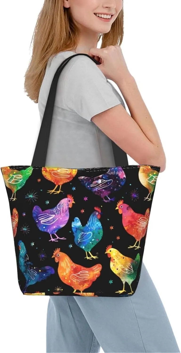 Rooster Chicken And Flowers Women's Tote Bag Lightweight Shopping Handbag Travel Shoulder Bag With Zipper