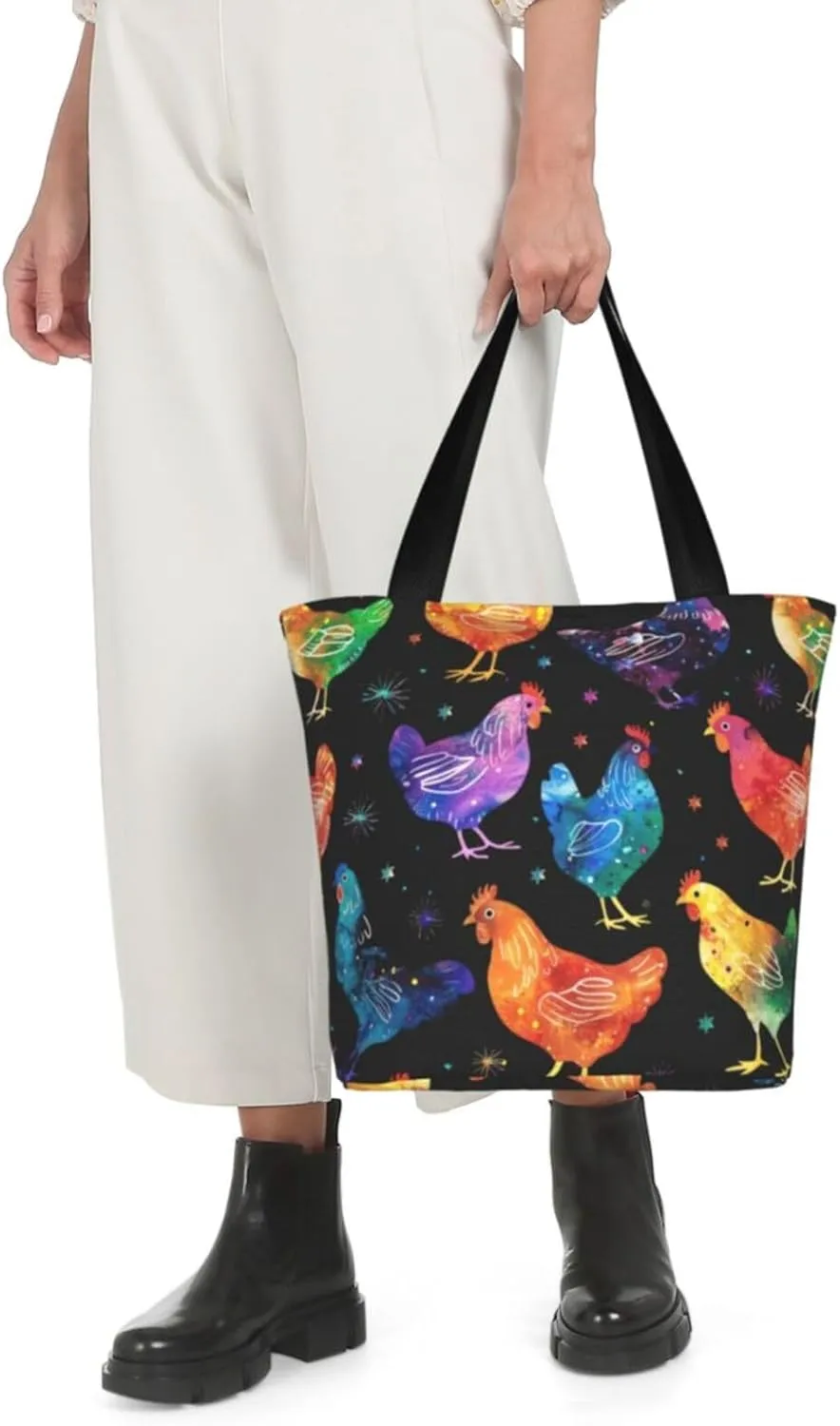 Rooster Chicken And Flowers Women's Tote Bag Lightweight Shopping Handbag Travel Shoulder Bag With Zipper