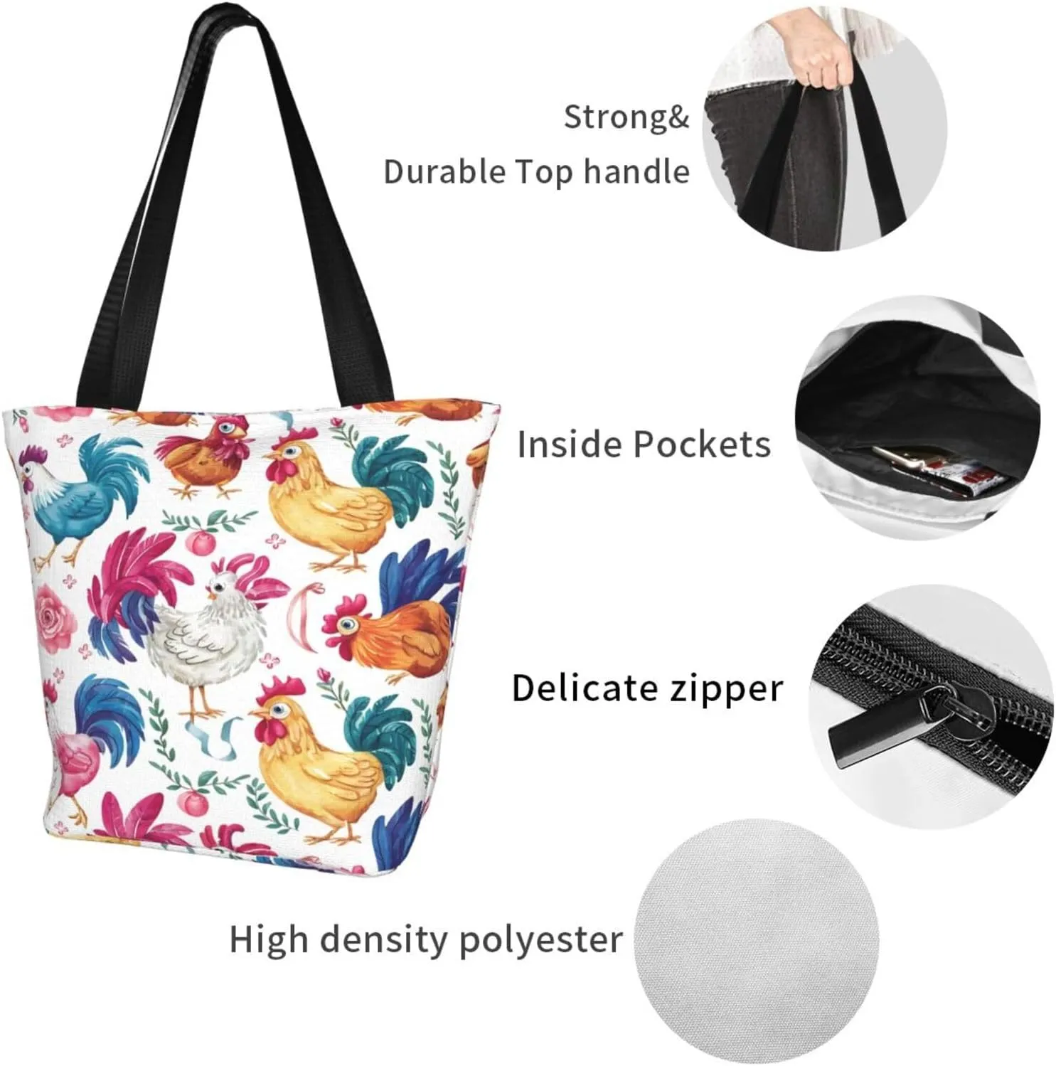 Rooster Chicken And Flowers Women's Tote Bag Lightweight Shopping Handbag Travel Shoulder Bag With Zipper