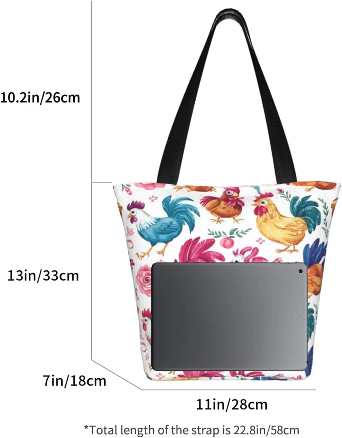 Rooster Chicken And Flowers Women's Tote Bag Lightweight Shopping Handbag Travel Shoulder Bag With Zipper