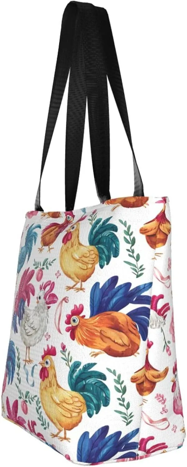 Rooster Chicken And Flowers Women's Tote Bag Lightweight Shopping Handbag Travel Shoulder Bag With Zipper
