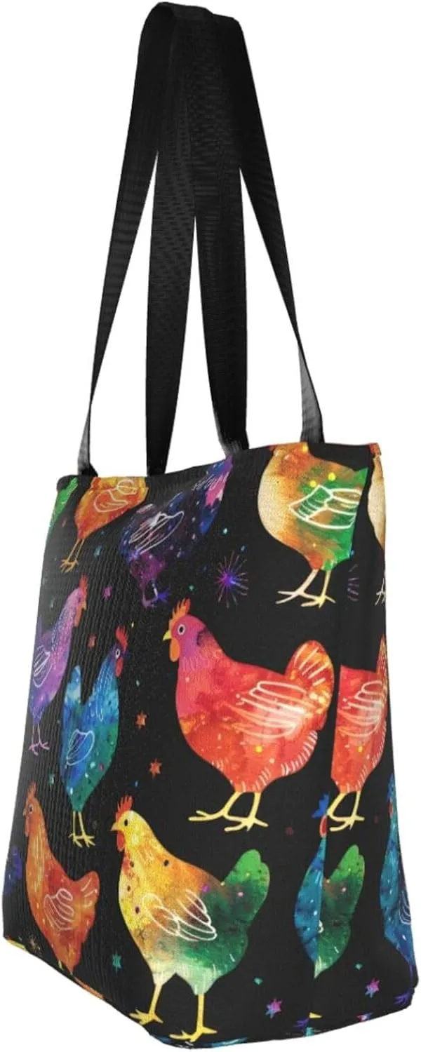 Rooster Chicken And Flowers Women's Tote Bag Lightweight Shopping Handbag Travel Shoulder Bag With Zipper