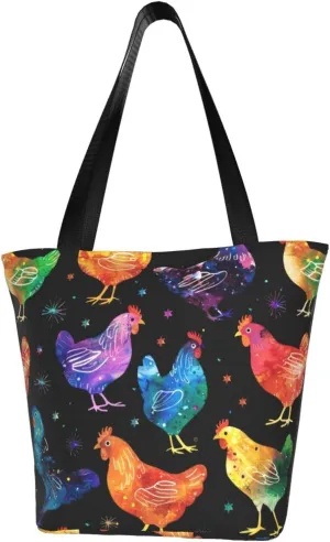 Rooster Chicken And Flowers Women's Tote Bag Lightweight Shopping Handbag Travel Shoulder Bag With Zipper