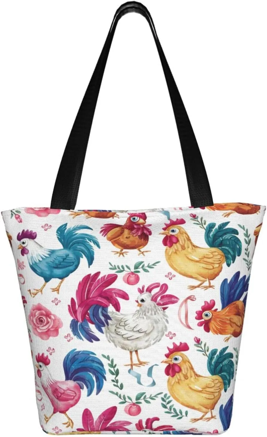 Rooster Chicken And Flowers Women's Tote Bag Lightweight Shopping Handbag Travel Shoulder Bag With Zipper