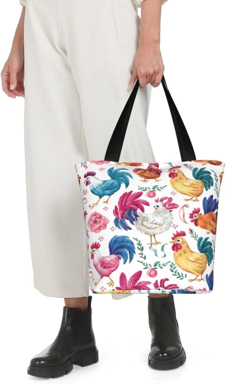 Rooster Chicken And Flowers Women's Tote Bag Lightweight Shopping Handbag Travel Shoulder Bag With Zipper