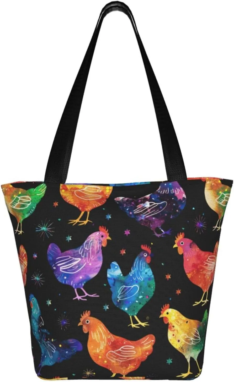 Rooster Chicken And Flowers Women's Tote Bag Lightweight Shopping Handbag Travel Shoulder Bag With Zipper
