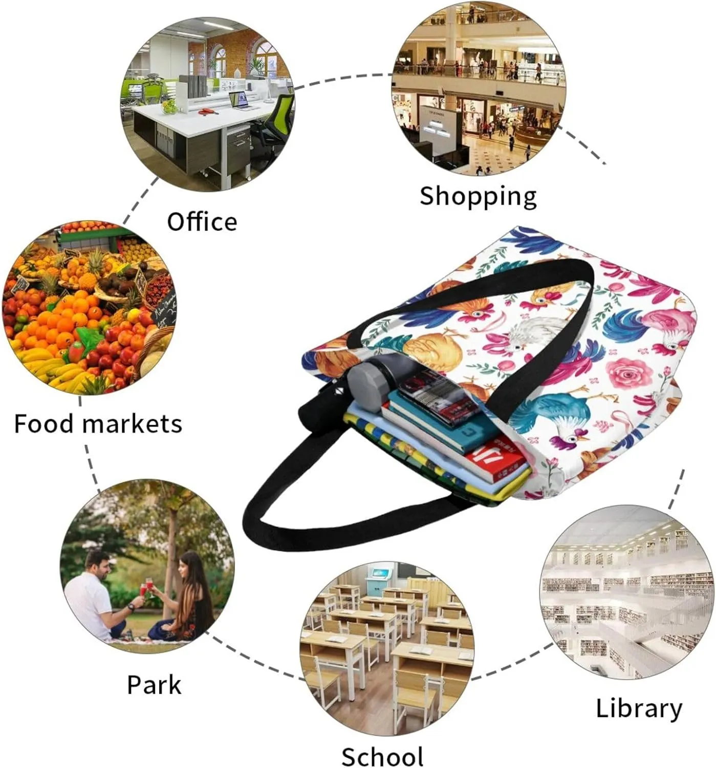 Rooster Chicken And Flowers Women's Tote Bag Lightweight Shopping Handbag Travel Shoulder Bag With Zipper