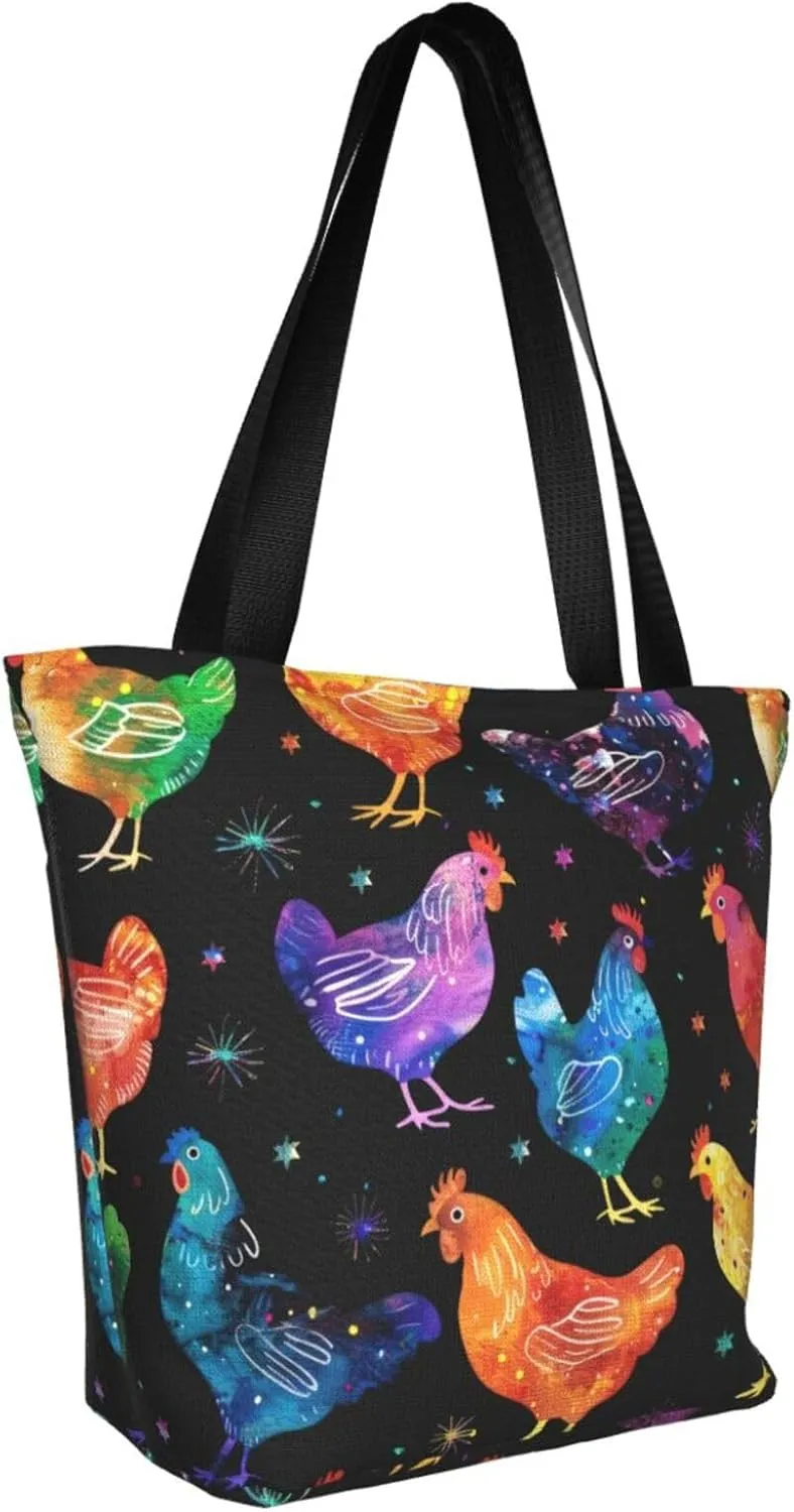 Rooster Chicken And Flowers Women's Tote Bag Lightweight Shopping Handbag Travel Shoulder Bag With Zipper