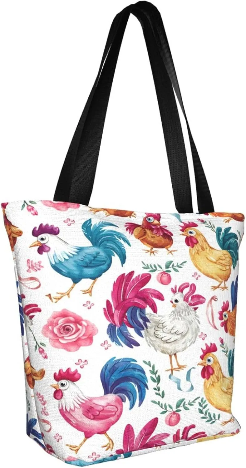Rooster Chicken And Flowers Women's Tote Bag Lightweight Shopping Handbag Travel Shoulder Bag With Zipper