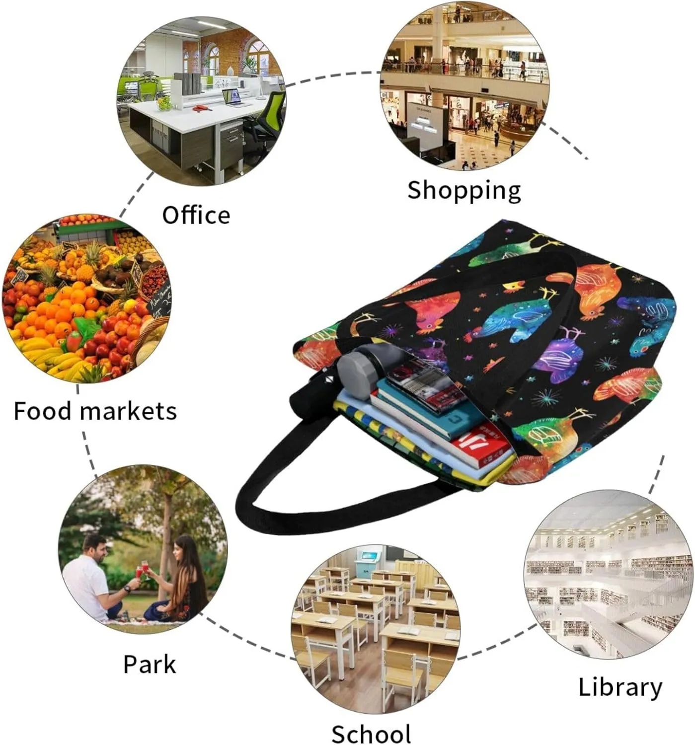 Rooster Chicken And Flowers Women's Tote Bag Lightweight Shopping Handbag Travel Shoulder Bag With Zipper