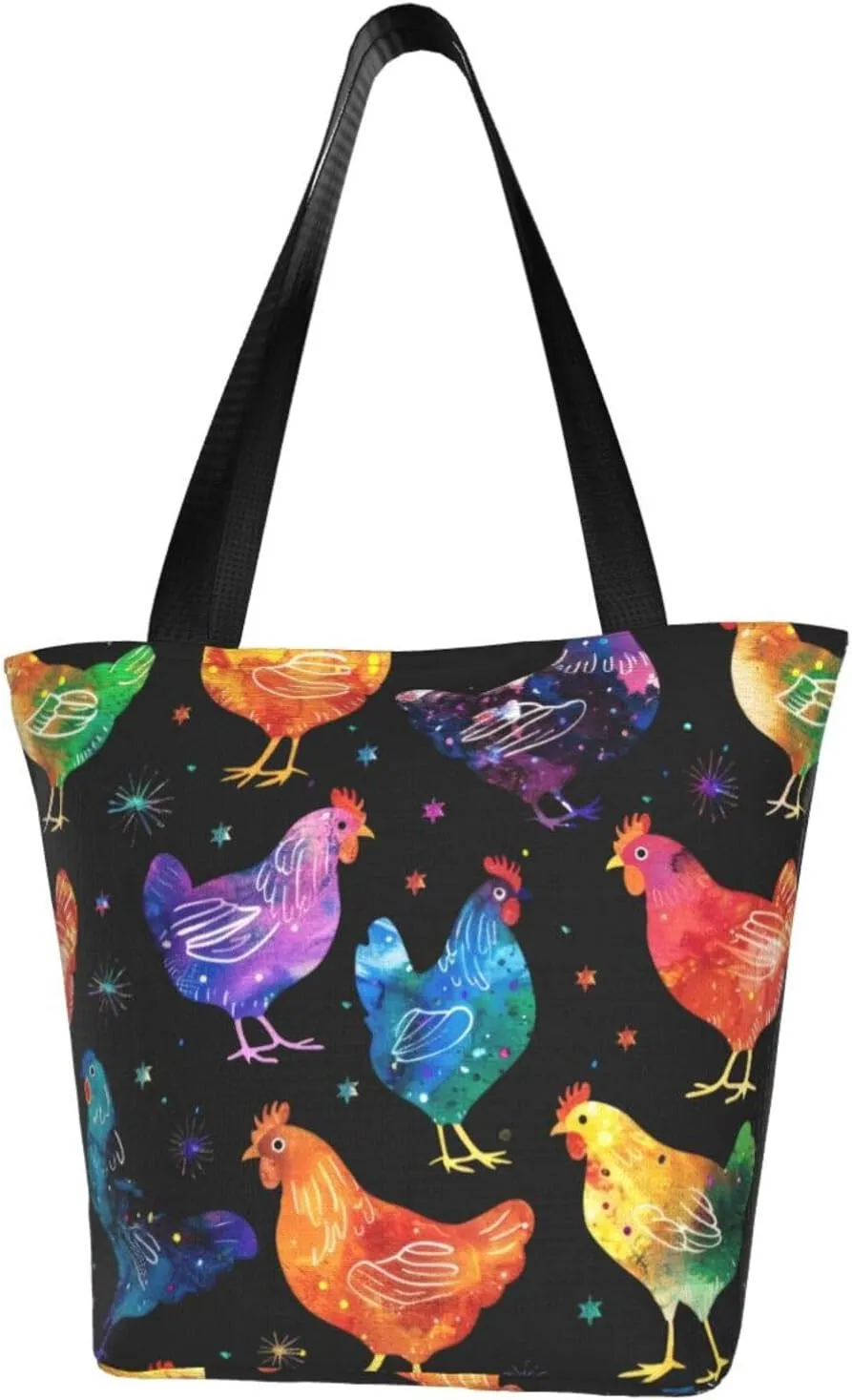 Rooster Chicken And Flowers Women's Tote Bag Lightweight Shopping Handbag Travel Shoulder Bag With Zipper
