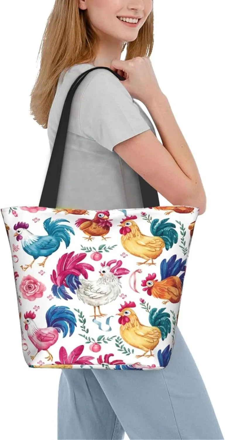 Rooster Chicken And Flowers Women's Tote Bag Lightweight Shopping Handbag Travel Shoulder Bag With Zipper
