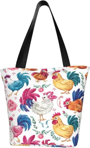 Rooster Chicken And Flowers Women's Tote Bag Lightweight Shopping Handbag Travel Shoulder Bag With Zipper