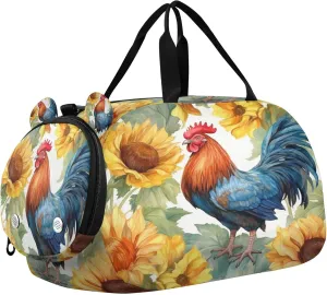 Rooster Pattern Kids Overnight Sports Duffel Bags with Shoe Compartment & Wet Pocket Travel Sport Gym Bag for Girls Boys