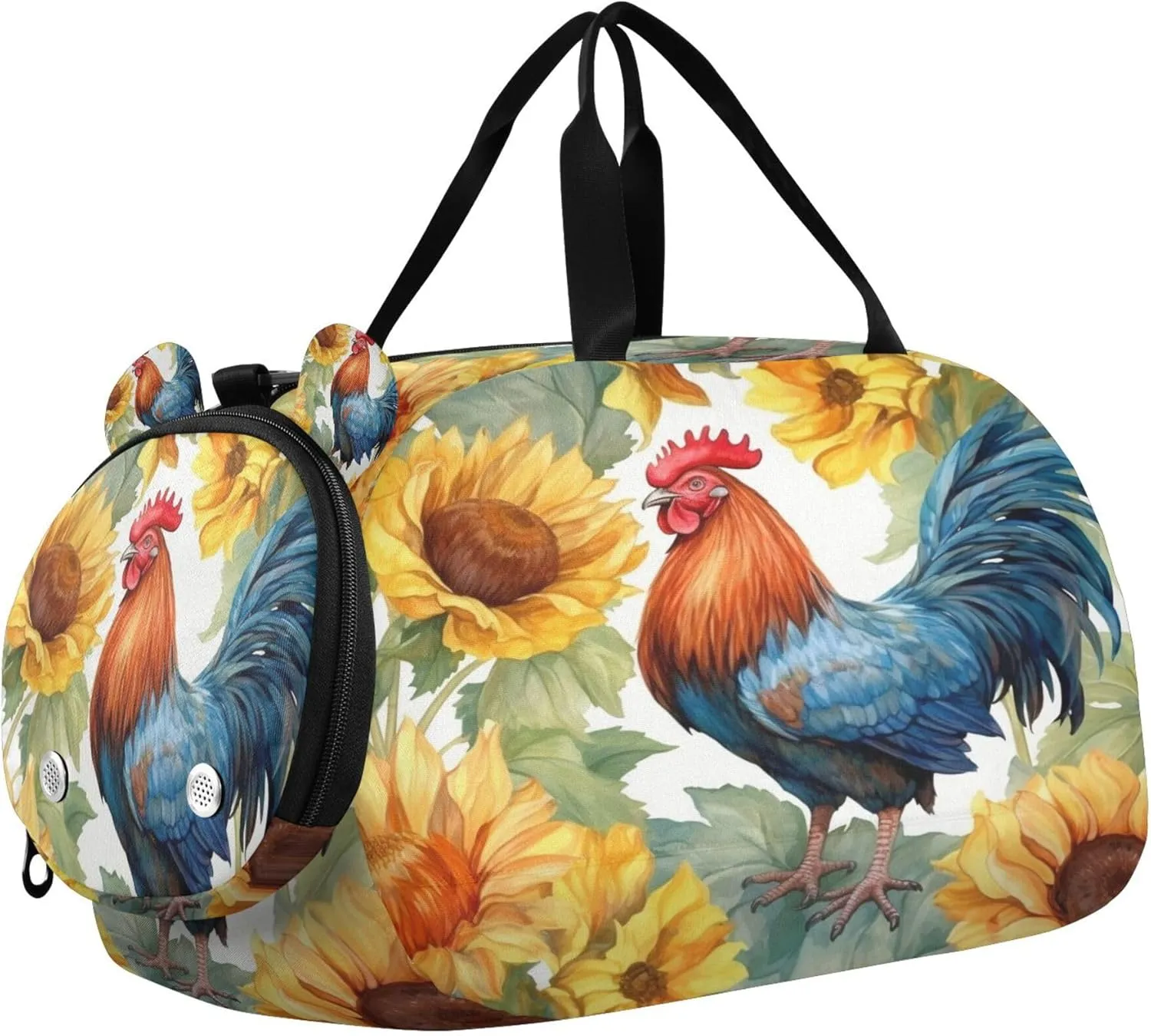 Rooster Pattern Kids Overnight Sports Duffel Bags with Shoe Compartment & Wet Pocket Travel Sport Gym Bag for Girls Boys
