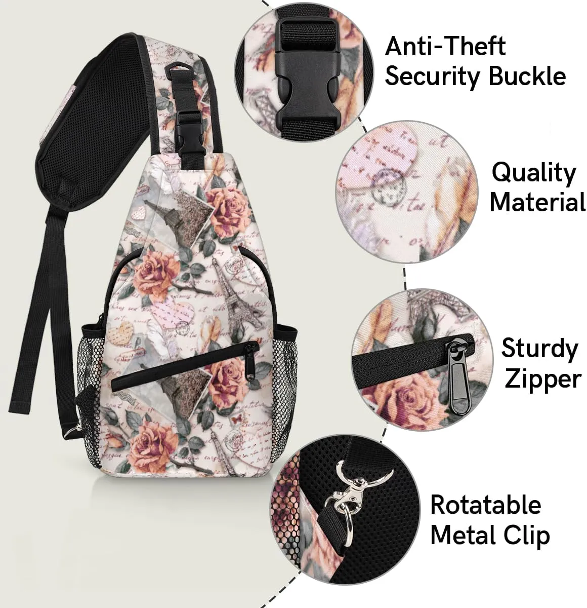 Rose Paris Tower Letter Sling Backpack for Women Men Waterproof Antitheft Chest Bag Lightweight Travel Crossbody Shoulder Bag for Shopping Outdoor Leisure Sports Mountaineering Riding