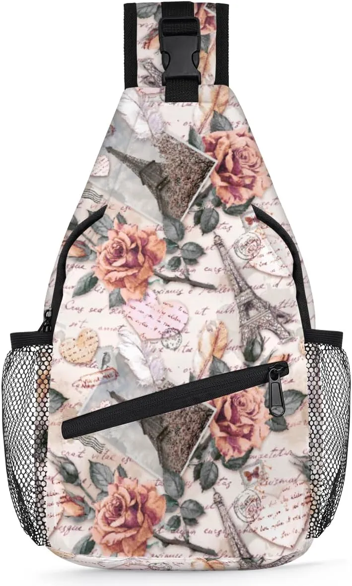 Rose Paris Tower Letter Sling Backpack for Women Men Waterproof Antitheft Chest Bag Lightweight Travel Crossbody Shoulder Bag for Shopping Outdoor Leisure Sports Mountaineering Riding