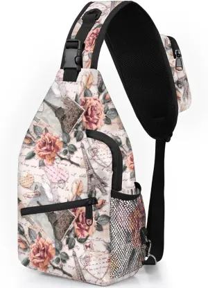 Rose Paris Tower Letter Sling Backpack for Women Men Waterproof Antitheft Chest Bag Lightweight Travel Crossbody Shoulder Bag for Shopping Outdoor Leisure Sports Mountaineering Riding