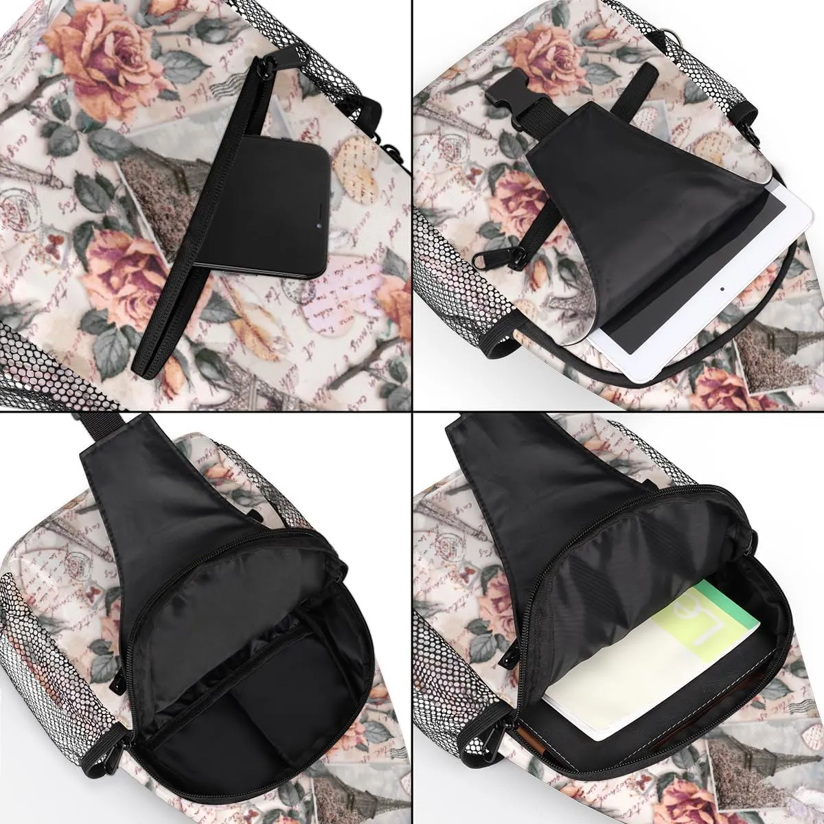 Rose Paris Tower Letter Sling Backpack for Women Men Waterproof Antitheft Chest Bag Lightweight Travel Crossbody Shoulder Bag for Shopping Outdoor Leisure Sports Mountaineering Riding