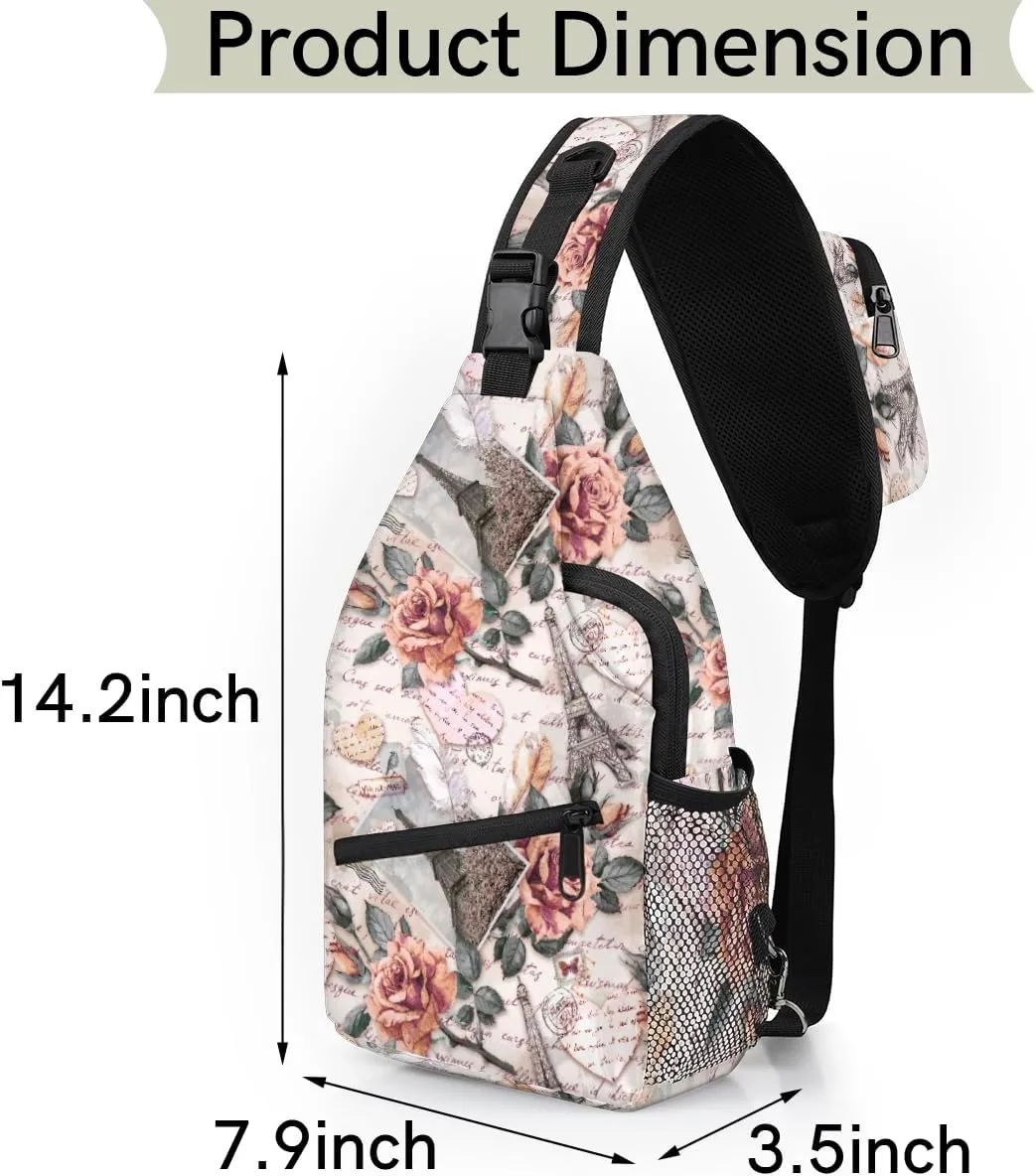 Rose Paris Tower Letter Sling Backpack for Women Men Waterproof Antitheft Chest Bag Lightweight Travel Crossbody Shoulder Bag for Shopping Outdoor Leisure Sports Mountaineering Riding