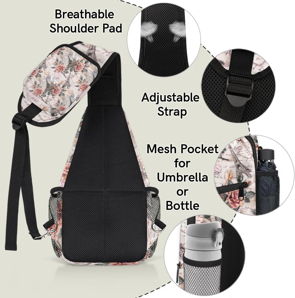 Rose Paris Tower Letter Sling Backpack for Women Men Waterproof Antitheft Chest Bag Lightweight Travel Crossbody Shoulder Bag for Shopping Outdoor Leisure Sports Mountaineering Riding