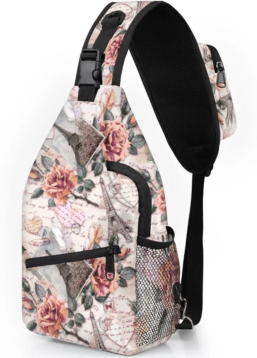 Rose Paris Tower Letter Sling Backpack for Women Men Waterproof Antitheft Chest Bag Lightweight Travel Crossbody Shoulder Bag for Shopping Outdoor Leisure Sports Mountaineering Riding