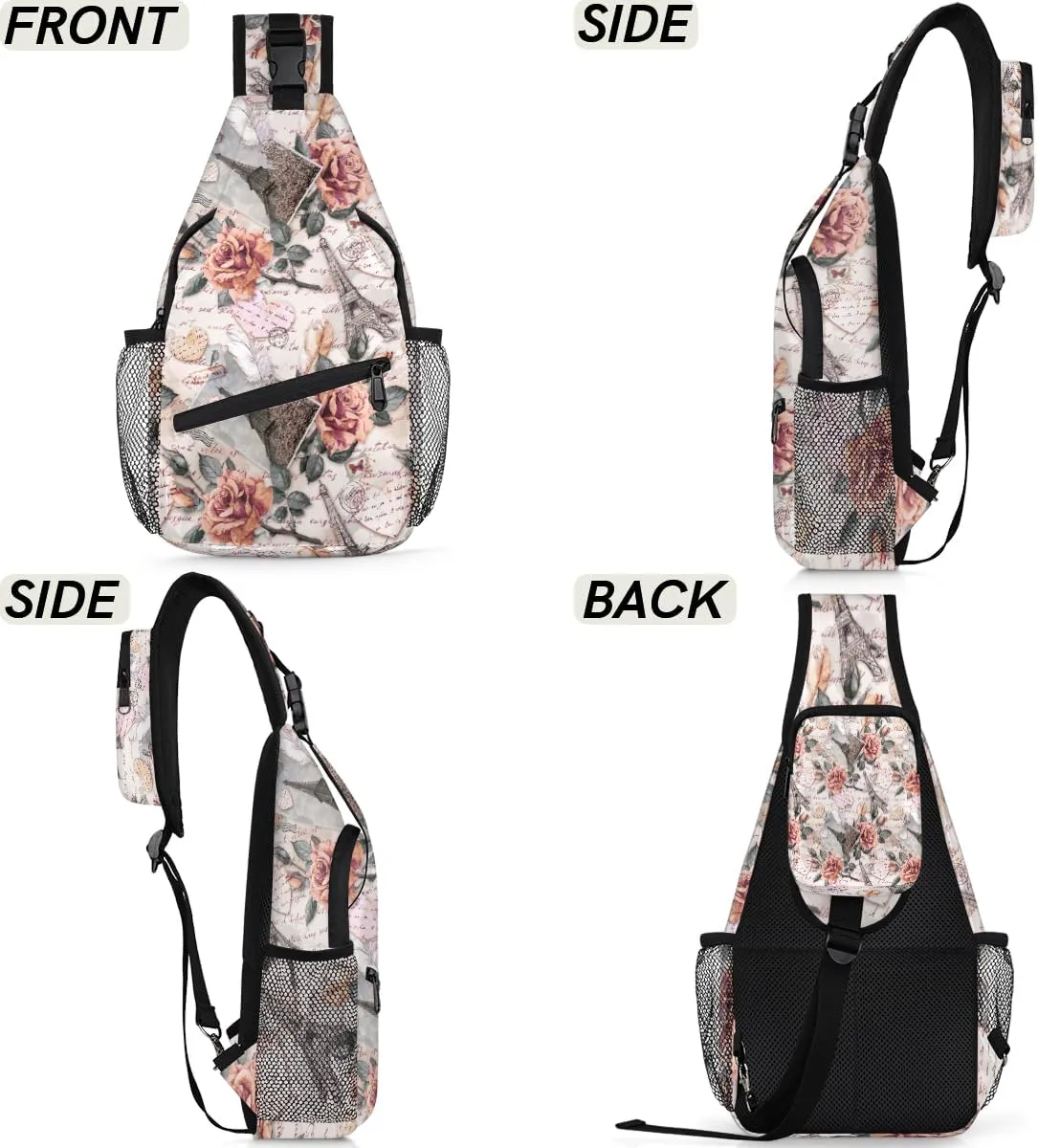 Rose Paris Tower Letter Sling Backpack for Women Men Waterproof Antitheft Chest Bag Lightweight Travel Crossbody Shoulder Bag for Shopping Outdoor Leisure Sports Mountaineering Riding