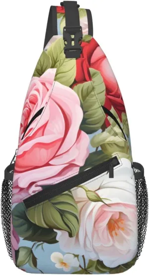 Roses Floral Sling Bag Crossbody Bag for Men Women, Daypack Chest Backpack Shoulder Bag for Travle Hiking