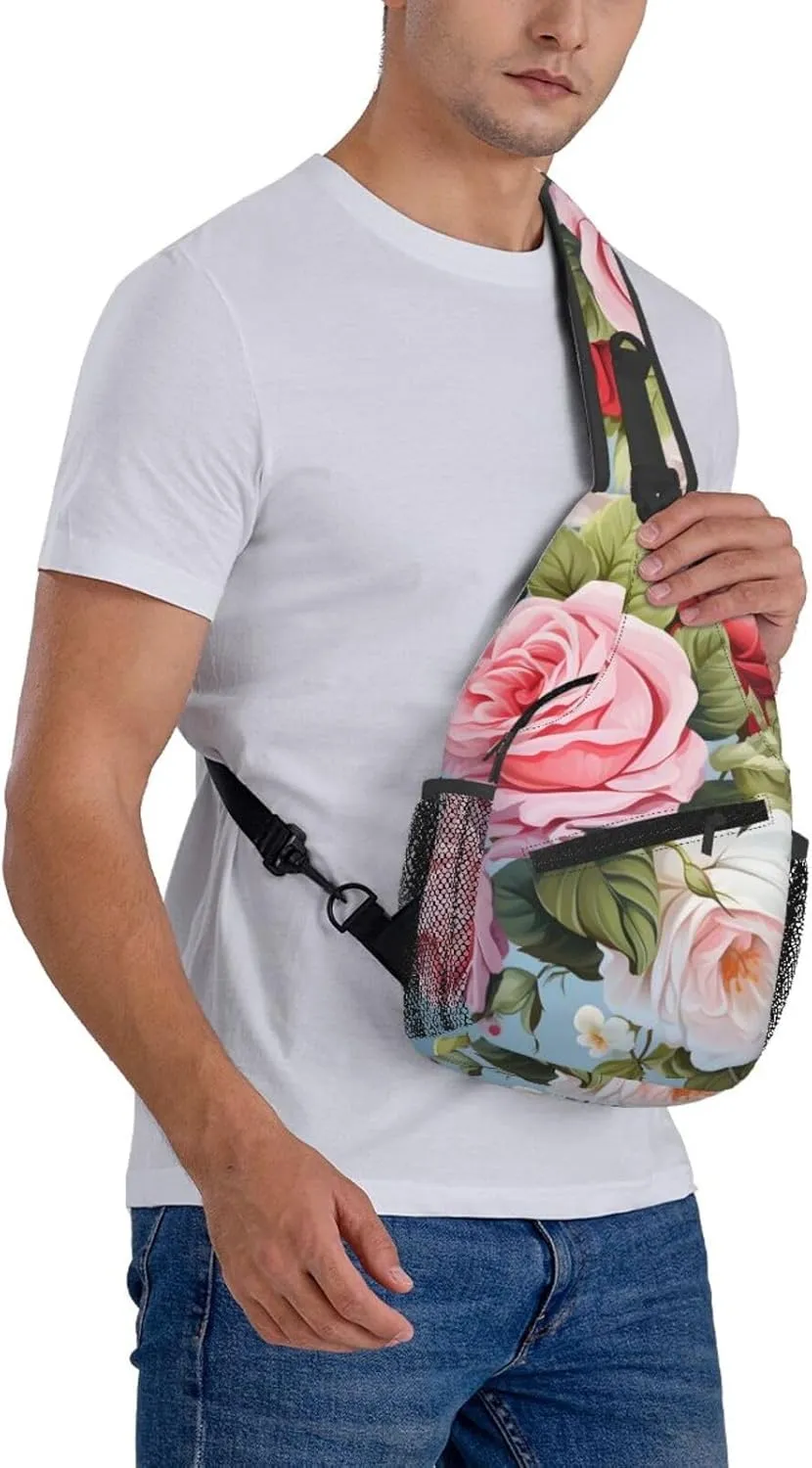 Roses Floral Sling Bag Crossbody Bag for Men Women, Daypack Chest Backpack Shoulder Bag for Travle Hiking