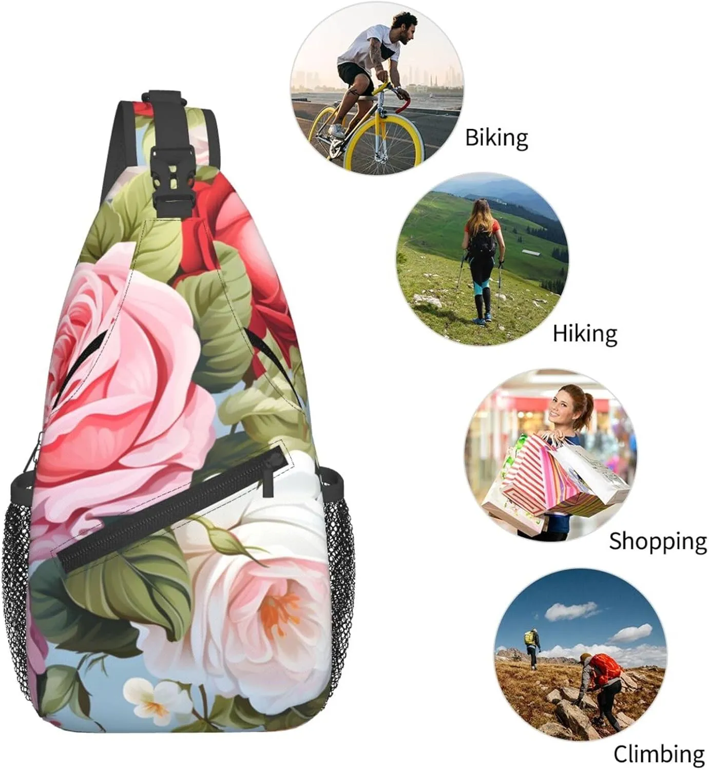 Roses Floral Sling Bag Crossbody Bag for Men Women, Daypack Chest Backpack Shoulder Bag for Travle Hiking