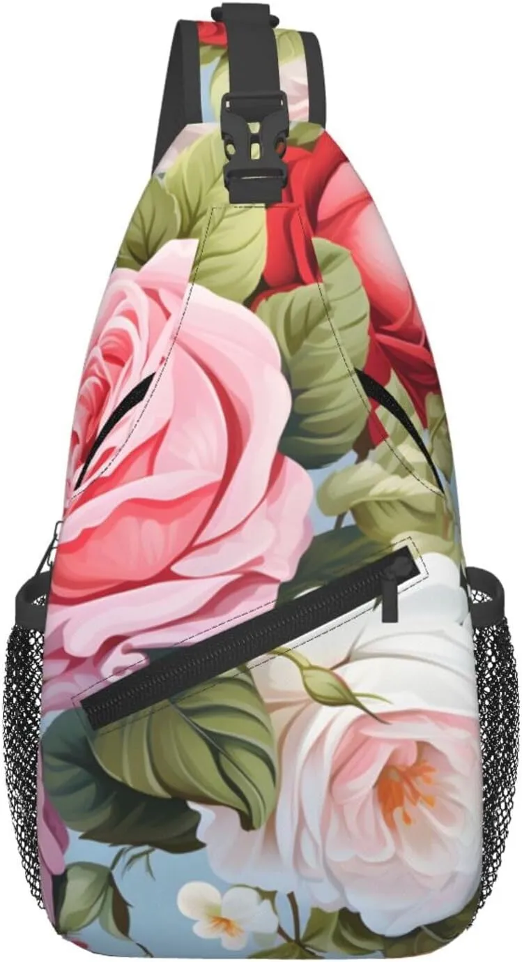 Roses Floral Sling Bag Crossbody Bag for Men Women, Daypack Chest Backpack Shoulder Bag for Travle Hiking